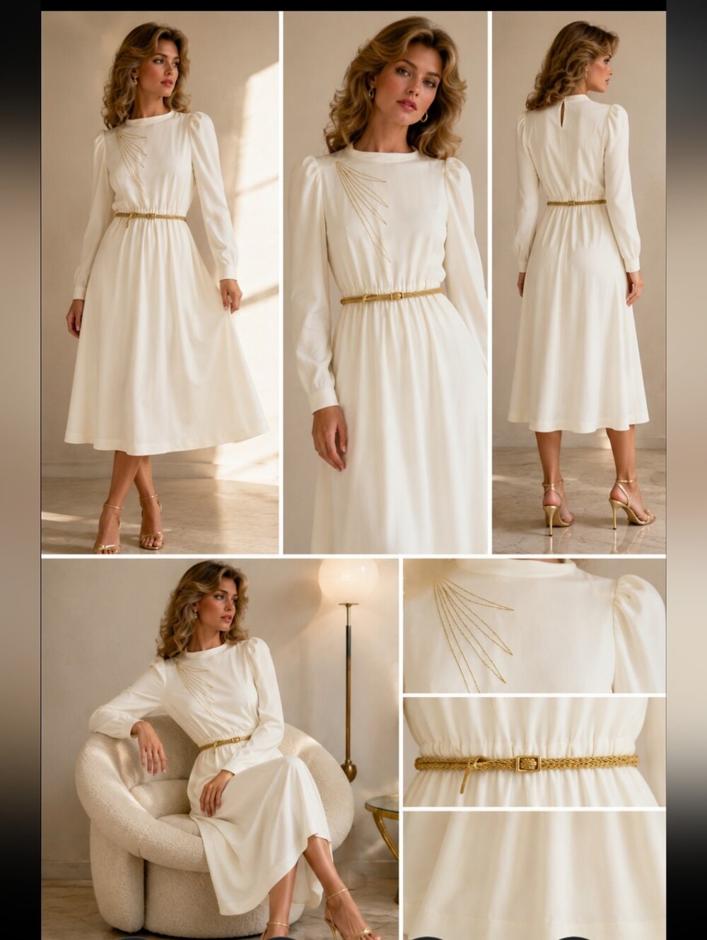Vintage 1970s Ivory Grecian Dress | Gold Embroidered Shoulder Detail | Bohemian